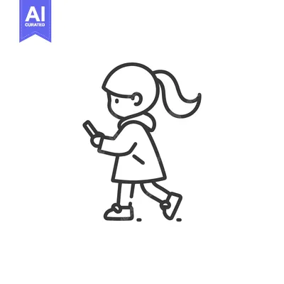 Premium design asset: Line Drawing of a Girl Walking and Using a Phone