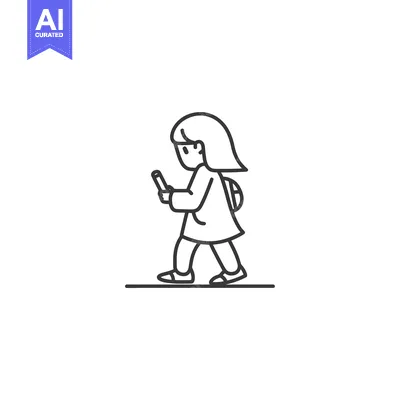 Aset desain premium: Line Drawing of a Girl Walking and Using a Smartphone