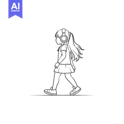 Aset desain premium: Line drawing of a girl walking while listening to music