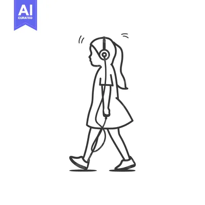 Aset premium populer: Line drawing of a girl walking with headphones on