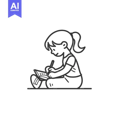 Aset desain premium: Line Drawing of a Girl Writing in a Notebook