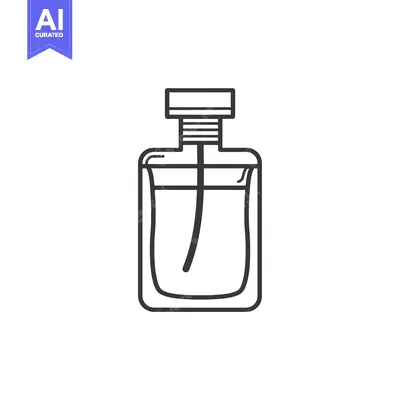 Line drawing of a glass perfume bottle with a lid and a long sprayer