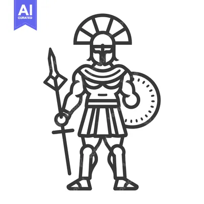 Aset premium populer: Line Drawing of a Greek Warrior with Spear and Shield
