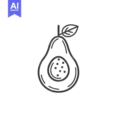 Line drawing of a halved avocado with a seed and a leaf