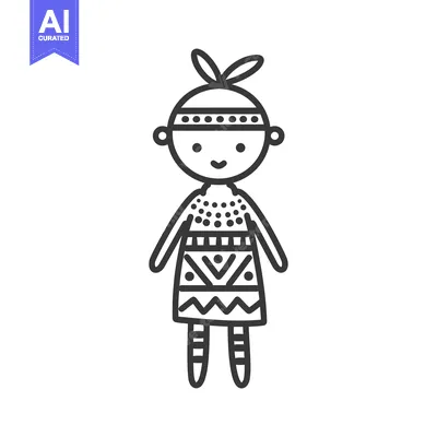 Aset desain premium: Line drawing of a happy cartoon girl wearing a patterned dress