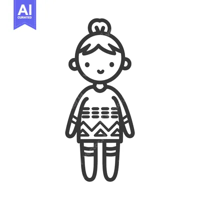 Aset desain premium: Line drawing of a happy girl in a patterned sweater