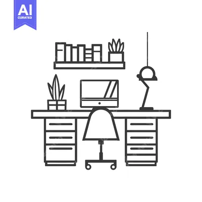 Aset premium populer: Line Drawing of a Home Office Desk with a Computer, Chair, Lamp, and P