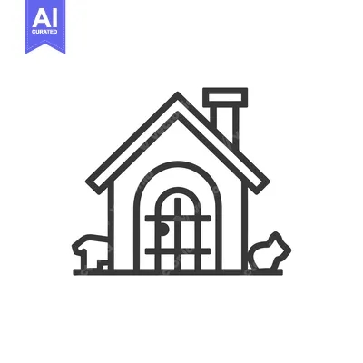Premium design asset: Line drawing of a house with a cat and dog outside