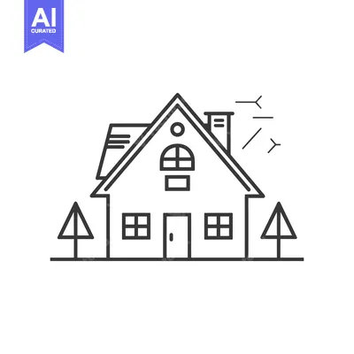 Premium design asset: Line Drawing of a House with Two Trees and a Chimney