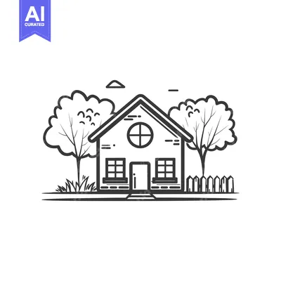 Aset desain premium: Line Drawing of a House with Two Trees and a Fence