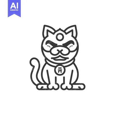 Aset desain premium: Line Drawing of a Japanese Lucky Cat with a Coin