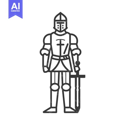 Premium design asset: Line drawing of a knight in full armor holding a sword