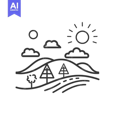 Popular premium asset: Line drawing of a landscape with hills, trees, clouds and sun