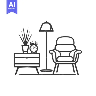 Popular premium asset: Line Drawing of a Living Room with a Chair, Lamp, Nightstand and a Pla