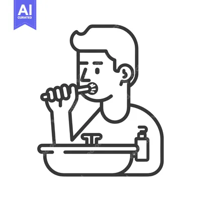 Aset desain premium: Line Drawing of a Man Brushing His Teeth in Front of a Sink