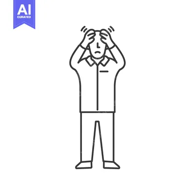 Line drawing of a man holding his head in his hands