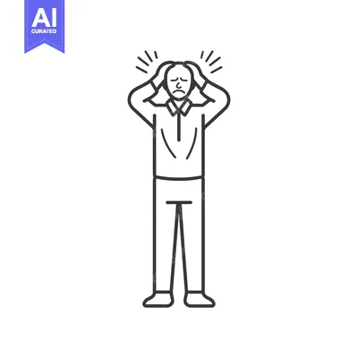 Line drawing of a man holding his head in his hands, with a sad expres