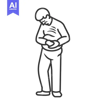 Popular premium asset: Line drawing of a man holding his stomach in pain