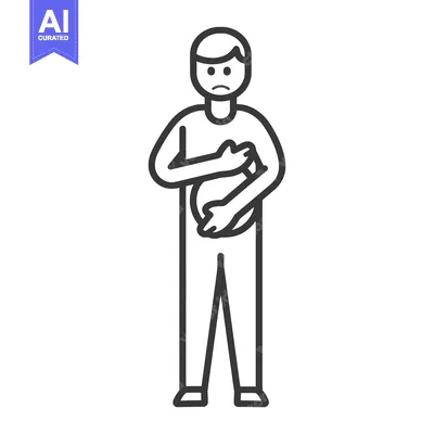 Line drawing of a man holding his stomach in pain