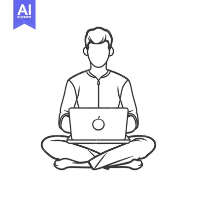 Aset premium populer: Line Drawing of a Man Sitting in Lotus Pose with a Laptop
