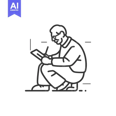 Aset premium populer: Line Drawing of a Man Squatting and Writing on a Tablet