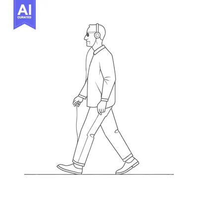Aset premium populer: Line drawing of a man walking while wearing headphones and sunglasses