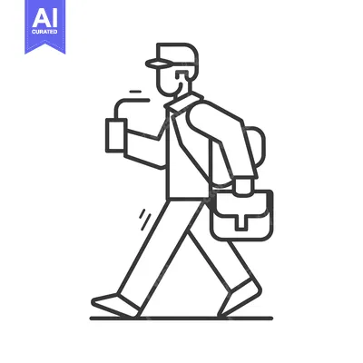Aset desain premium: Line Drawing of a Man Walking with a Cup and a Bag