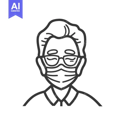 Line drawing of a man wearing a face mask and glasses