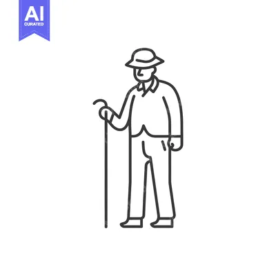 Aset premium populer: Line drawing of a man wearing a hat and holding a stick