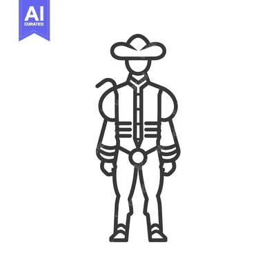 Aset desain premium: Line Drawing of a Man Wearing a Wide-Brimmed Hat and a Elaborate Outfi