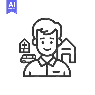 Aset desain premium: Line drawing of a man with a house, garage, and car behind him