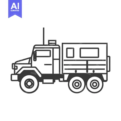 Aset desain premium: Line Drawing of a Military Truck with a Cargo Bed