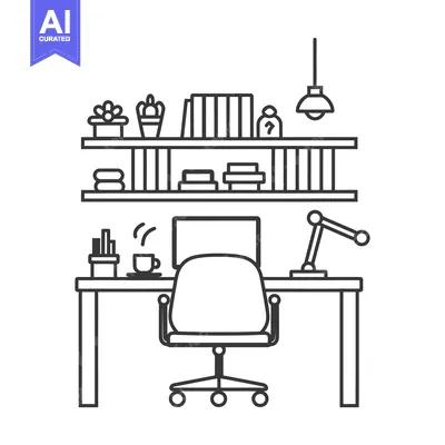 Line drawing of a modern home office desk with a chair, a computer, an