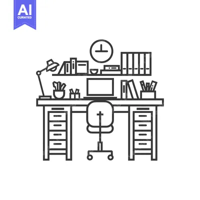Aset premium populer: Line Drawing of a Modern Office Desk with a Laptop
