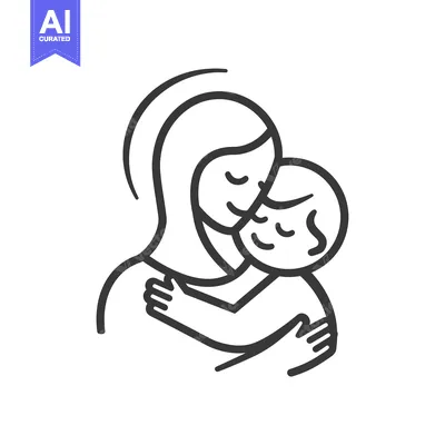 Line drawing of a mother hugging her child