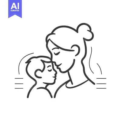 Line drawing of a mother kissing her child on the forehead