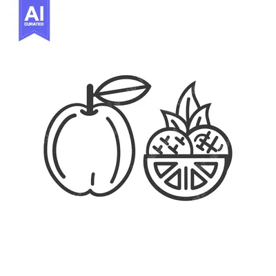 Aset desain premium: Line Drawing of an Apple and a Citrus Fruit with Leaves