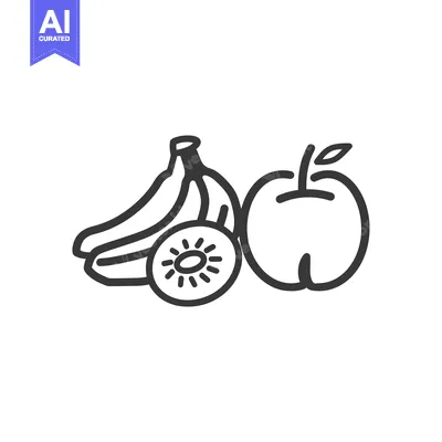 Aset desain premium: Line drawing of an apple, banana, and kiwi fruit
