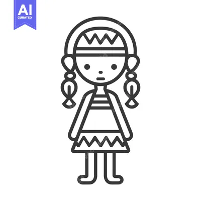 Aset premium populer: Line Drawing of a Native American Girl in Traditional Clothing