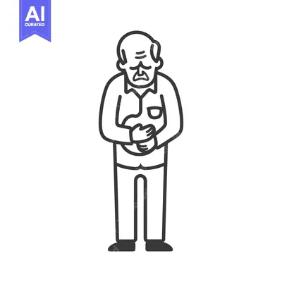 Aset premium populer: Line drawing of an elderly man clutching his stomach