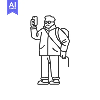 Aset desain premium: Line Drawing of an Elderly Man Taking a Selfie with a Smartphone