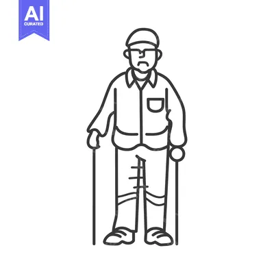 Aset premium populer: Line Drawing of an Elderly Man Using a Walking Stick