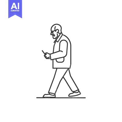 Aset desain premium: Line Drawing of an Elderly Man Walking and Looking at a Smartphone