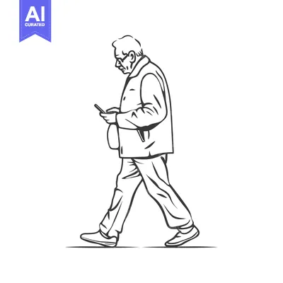 Premium design asset: Line Drawing of an Elderly Man Walking and Using a Phone