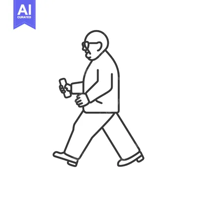 Aset desain premium: Line drawing of an elderly man walking while looking at his phone