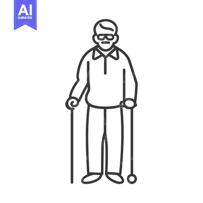 Line drawing of an elderly man walking with two canes