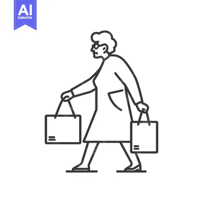 Premium design asset: Line drawing of an elderly woman carrying shopping bags