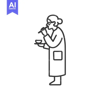 Aset desain premium: Line Drawing of an Elderly Woman Eating with Chopsticks