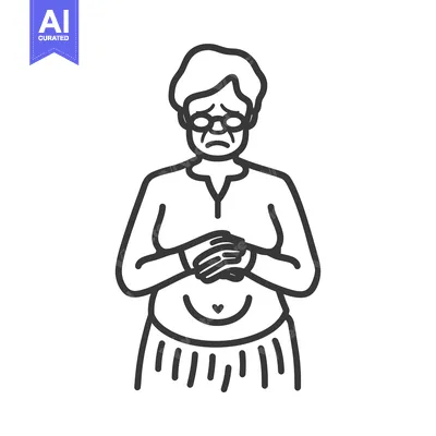 Aset premium populer: Line Drawing of an Elderly Woman Holding Her Stomach in Pain