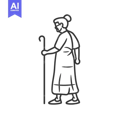 Aset desain premium: Line drawing of an elderly woman walking with a cane
